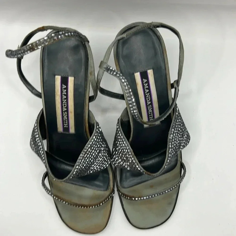 Amanda Smith Vintage open toe‎ 3.5" heel 8.5M silver rhinestone black wedding